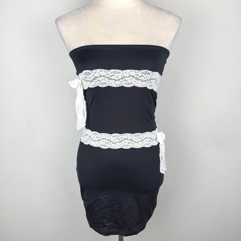 NWT Bella Vie Charlotte Black Strapless Lace Bow Bodycon Mini Dress Size Medium - Picture 1 of 8